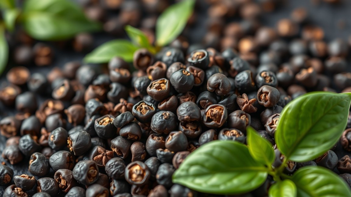 Fekete bors szemek zöld levéllel, egészséges fűszer