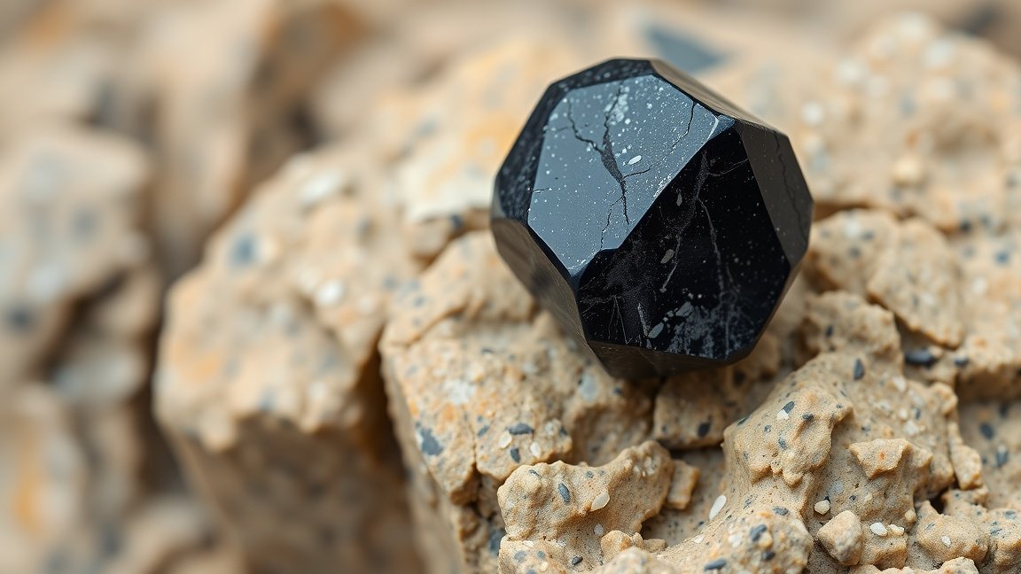 Fekete spinell ásvány a sziklán, amely védelem és stabilizáló hatásokat képvisel