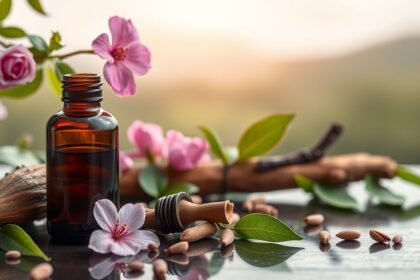 Rózsafaolaj üveg, rózsák és levelek környezetében