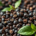 Fekete bors szemek zöld levéllel, egészséges fűszer