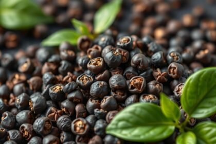 Fekete bors szemek zöld levéllel, egészséges fűszer