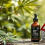 Kendermagolaj üvegpalack zöld növények között, figyelmeztető táblával.