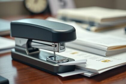 Tűzőgép működés közben papírok rögzítése az irodában