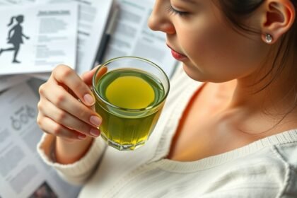 Várandós nő zöld teát iszik, egészséges életmód és kutatás témájában.