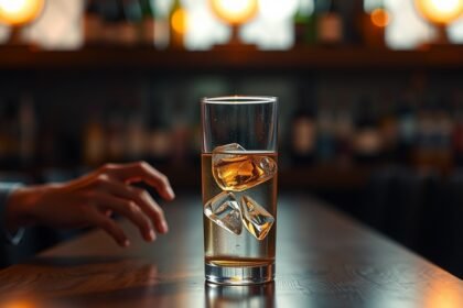 Készített ital jégkockákkal, háttérben bárpult.