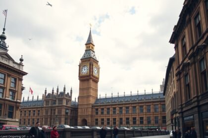 Az angol parlament épülete és a Big Ben Londonban, felhős időben.