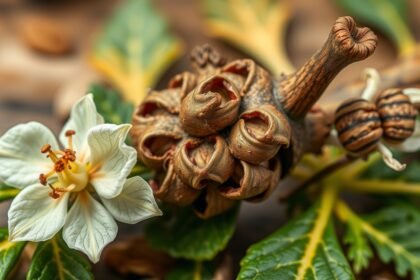 Tárnicsgyökér virág és termése természetesen környezetben.