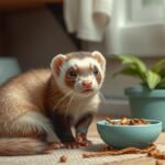 Egy csörgőrény odanéz, miközben az etetőtáljából eszik.