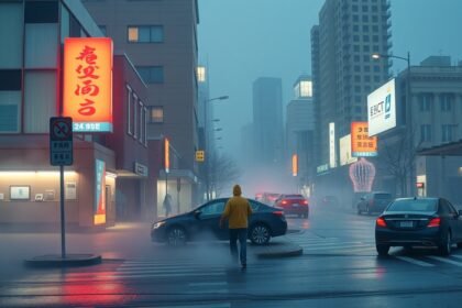 Városi táj ködben, benzingőz veszélyeivel