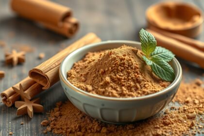 Fahéjpor, fahéjrudak és friss menta levelek egy tálban.
