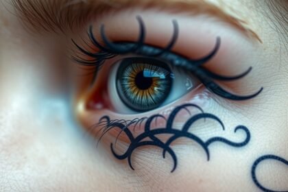 Szemtetoválás részletes közeli felvétele, különleges mintázatú vonalakkal.