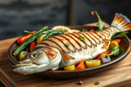 Grillezett hekk friss zöldségekkel és citrommal tálalva.