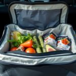 Autós hűtőtáska friss ételekkel és italokkal az autó csomagtartójában.