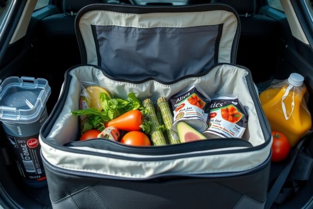 Autós hűtőtáska friss ételekkel és italokkal az autó csomagtartójában.