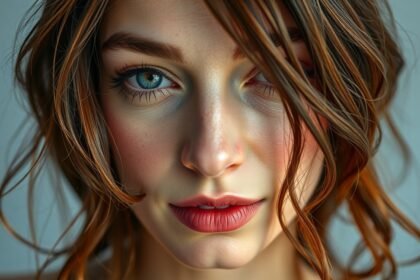 Ragyogó bőr, kék szemek és hullámos haj közelről.