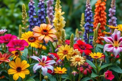 Színes virágok a kertben, amelyek támogatják a biodiverzitást.