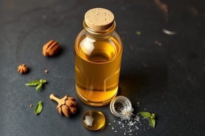 Ricinusolaj üvegpalack, gyógynövényekkel és fűszerekkel körülvéve.