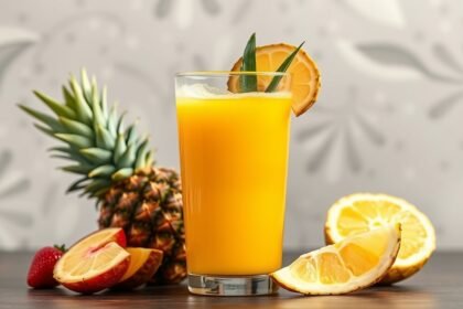 Friss ananászlé citrommal és gyümölcsökkel díszítve.