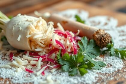 Reszelt torma és friss zöldfűszerek egy asztalon