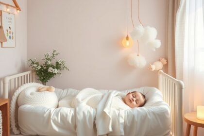 Baba fészekben alvó kisbaba biztonságos környezetben.