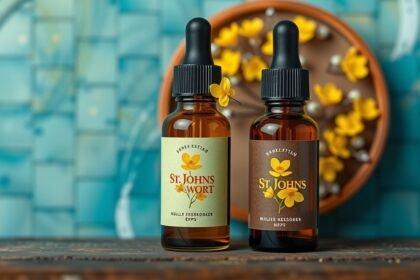 Orbáncfű cseppek üvegpalackok a háttérben virágokkal