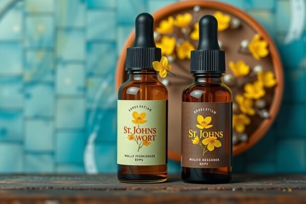 Orbáncfű cseppek üvegpalackok a háttérben virágokkal