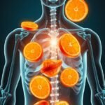 A lizin és C-vitamin előnyeit szemléltető ábra, narancsokkal a testben.