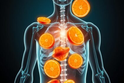 A lizin és C-vitamin előnyeit szemléltető ábra, narancsokkal a testben.