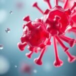 Vírussejtek makro fotója, amely a közérzet és immunrendszer támogatására utal.