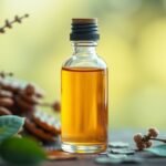 Kámfor illóolaj üvegpalack, zöld növények között