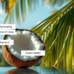 Félbevágott kókuszdió trópusi környezetben, frissítő ízekkel.