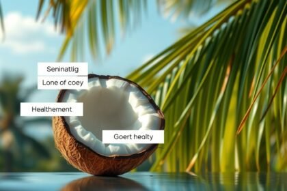 Félbevágott kókuszdió trópusi környezetben, frissítő ízekkel.
