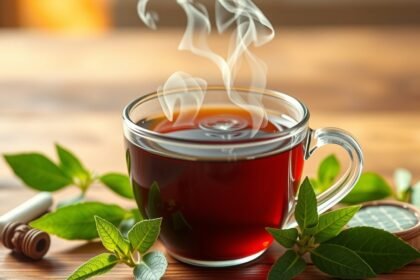 Gőzölgő fekete tea egy üveg csészében, zöld levelekkel körülvéve