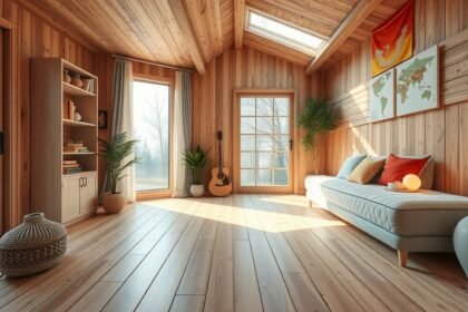 Fényes, fából készült nappali padlófűtéssel és kényelmes bútorokkal.