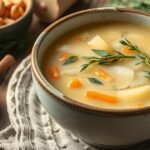 Finom köménymagleves tálalva, friss zöldségekkel és gyógynövényekkel.