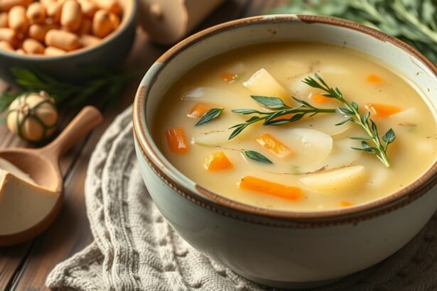 Finom köménymagleves tálalva, friss zöldségekkel és gyógynövényekkel.