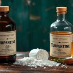 Két üveg terpentin különböző formákban egy fán háttér előtt.