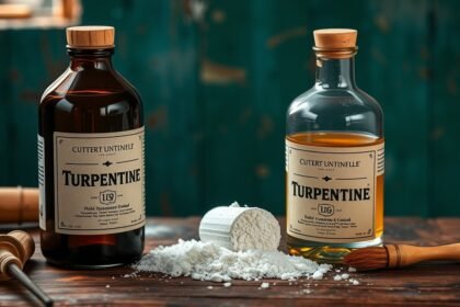 Két üveg terpentin különböző formákban egy fán háttér előtt.