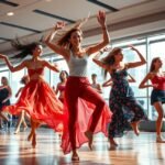 Nők táncolnak egy stúdióban, kifejezve a boldogságot és az energiát.