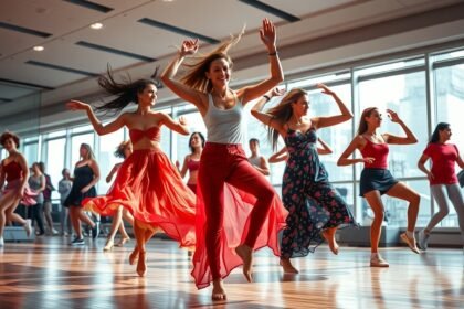 Nők táncolnak egy stúdióban, kifejezve a boldogságot és az energiát.