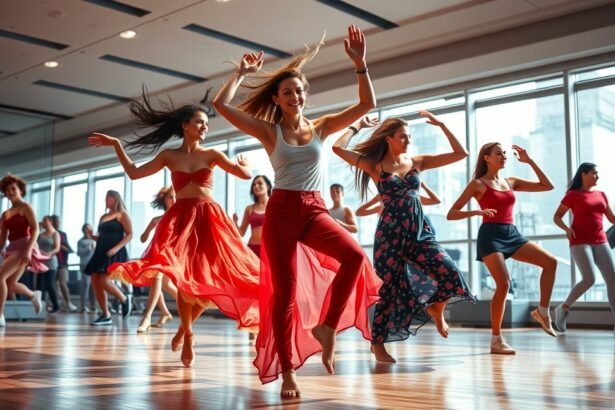 Nők táncolnak egy stúdióban, kifejezve a boldogságot és az energiát.