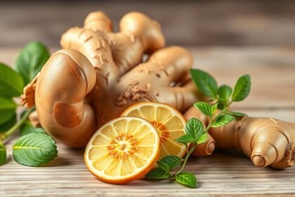 Friss gyömbér és citrom szeletek zöld levelekkel.