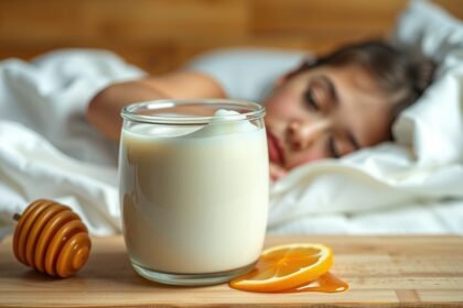 Mézes tej pohár, citromszelet és méz a nyugodt alvás érdekében.
