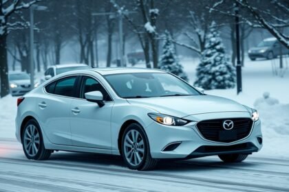 Fehér Mazda 6 autó hóval borított utcán, téli környezetben
