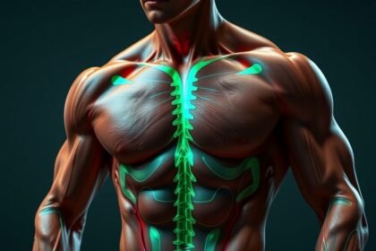 Izmos férfi test ábrázolása, amely az izomnövelésre utal.