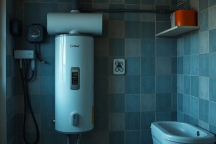 Modern villanybojler a fürdőszobában, míg a hőmérséklet kijelzője látható.