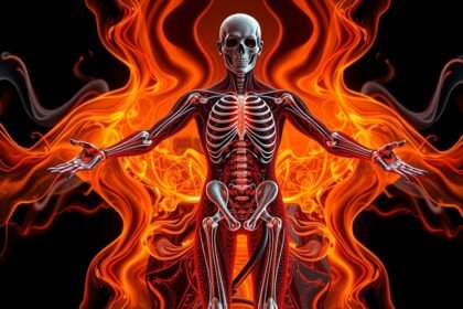 Emberi szervrendszer vázlatosan látható tűz hátterében