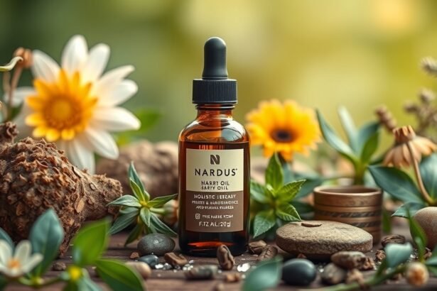 Nárdusolaj üvegcséje és természetes összetevői nyugalmat sugallnak.