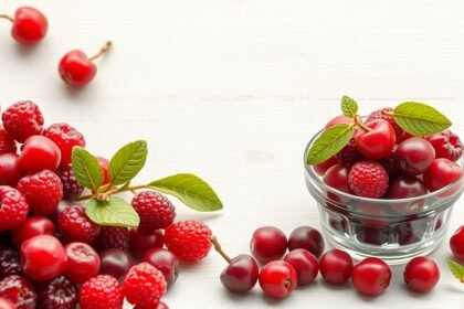 Friss aszalt áfonya és bogyók egy tálban és körülötte