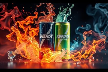 Két energiaital doboz lángok és vízcseppek között.